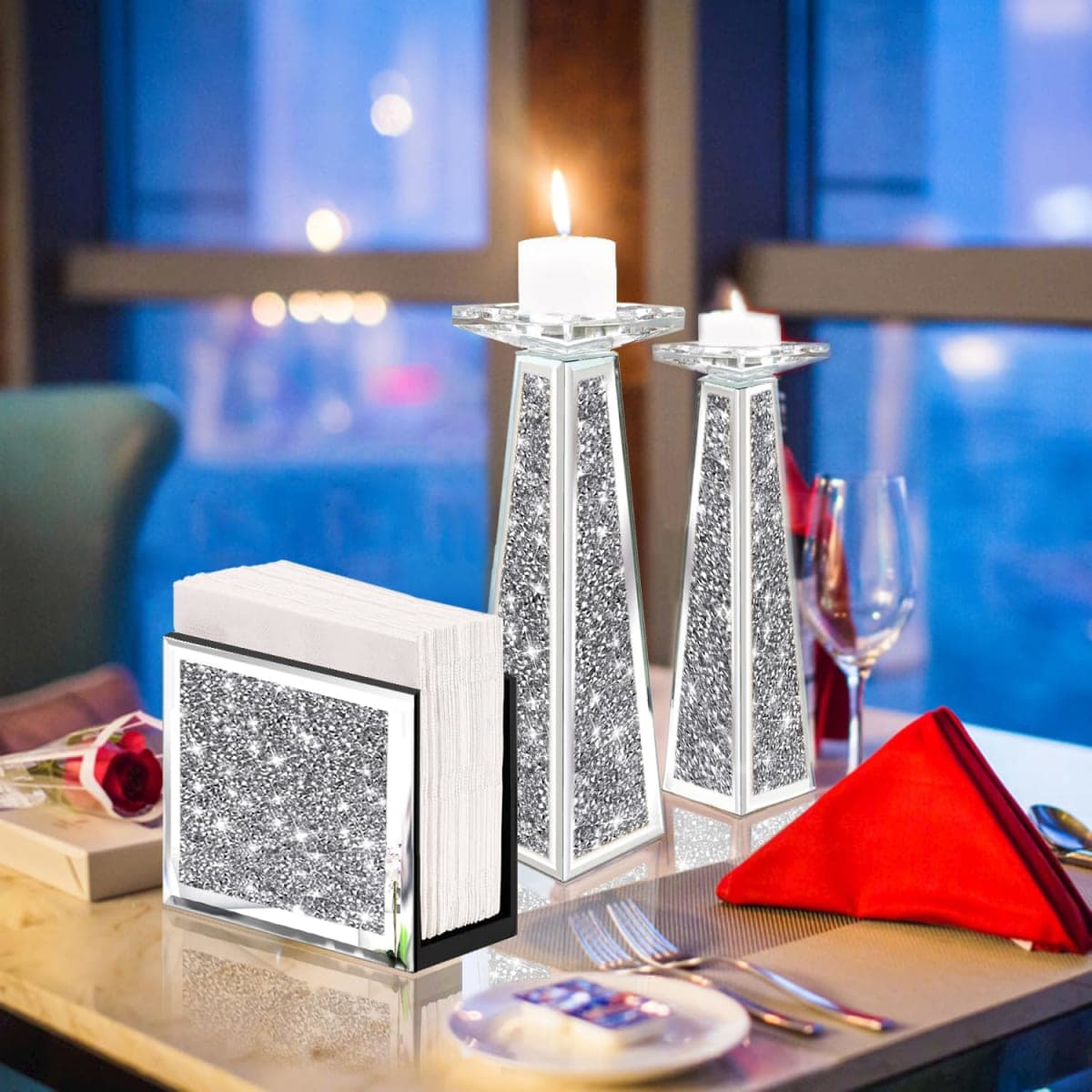 Wocred Mirror Napkin Holder,Crystal Crushed Diamond Vertical Holder,Square Glass Mirror Napkin Holder for Dining Table or Counter in The Kitchen.(5.9”X5.9”X3”) thumbnail 4