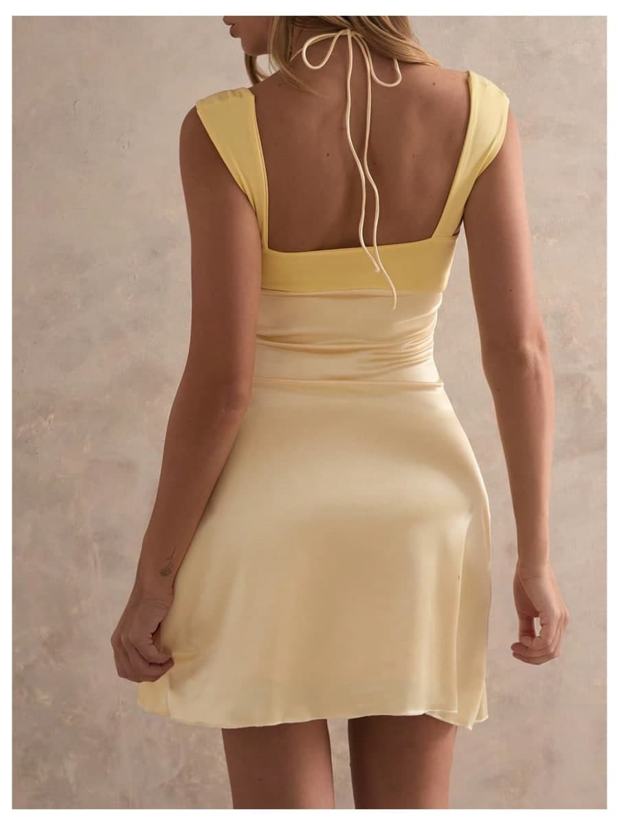 Floerns Women's Halter Ruched Sweetheart Slip Dress Backless Mini Dresses, Yellow, Small thumbnail 2