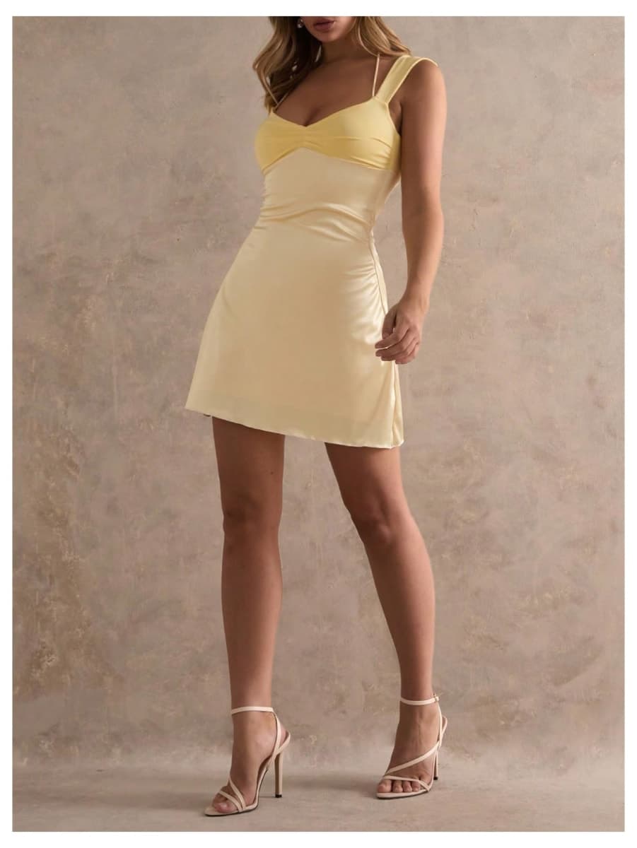 Floerns Women's Halter Ruched Sweetheart Slip Dress Backless Mini Dresses, Yellow, Small thumbnail 3