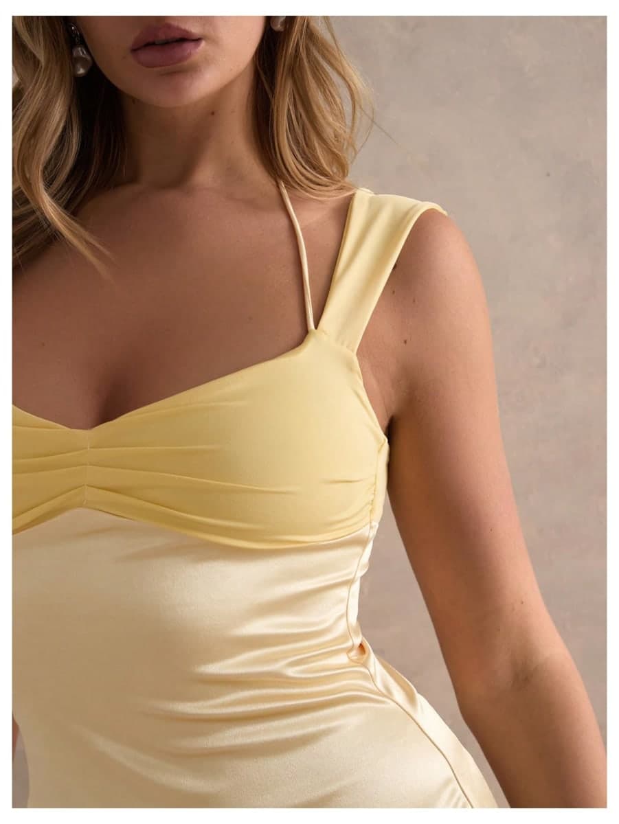 Floerns Women's Halter Ruched Sweetheart Slip Dress Backless Mini Dresses, Yellow, Small thumbnail 4