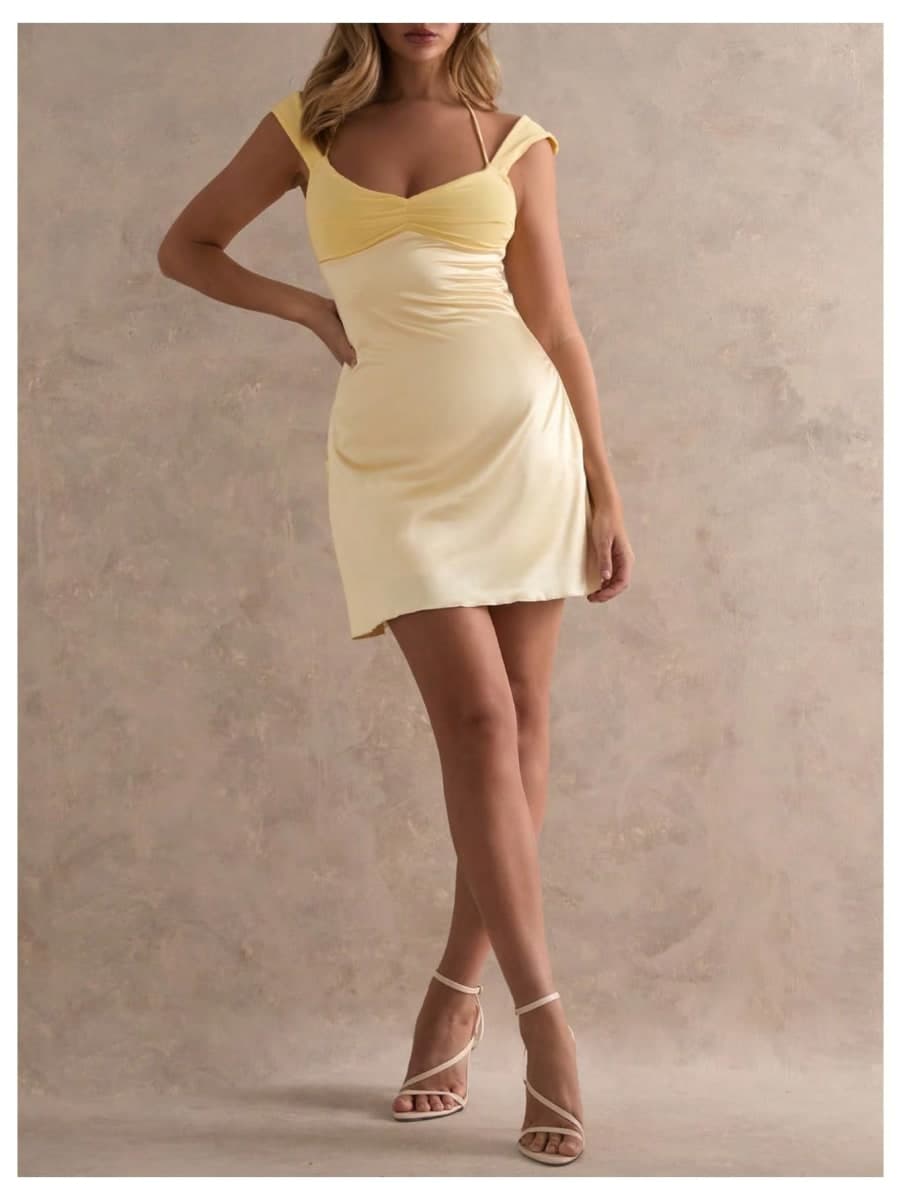 Floerns Women's Halter Ruched Sweetheart Slip Dress Backless Mini Dresses, Yellow, Small thumbnail 5