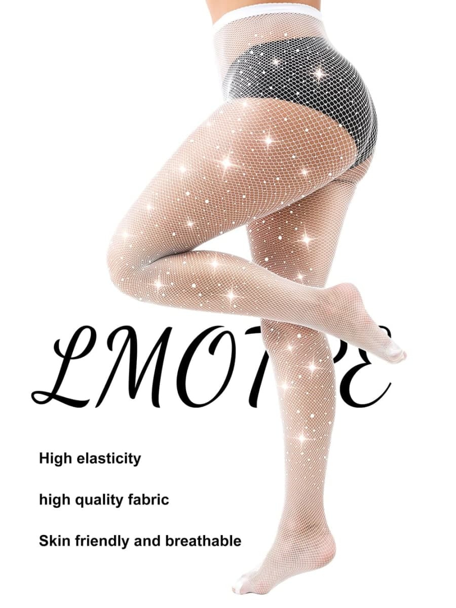 lmotpe Plus Size Fishnet Stockings For Women Sparkly Rhinestone Fishnets Party Concert Stockings, White, 3X-Large-4X-Large Plus thumbnail 5