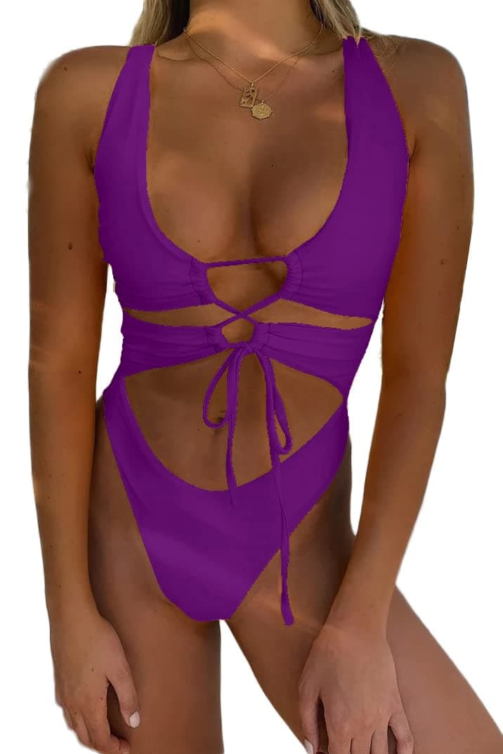 CHYRII Women's Sexy Cutout Lace Up Backless High Cut One Piece Swimsuit Monokini, Magenta, Medium — image 1