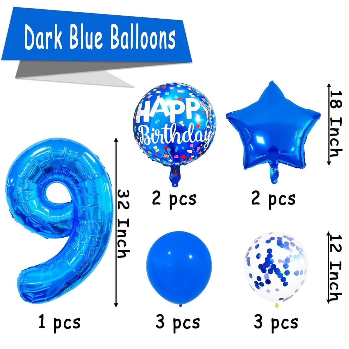 9 Balloon Number, Dark Blue Balloon, Blue Confetti Latex Balloon Foil 9 Birthday Balloon for Anniversary Supplies Kids Birthday Party Banquet Decoration thumbnail 2