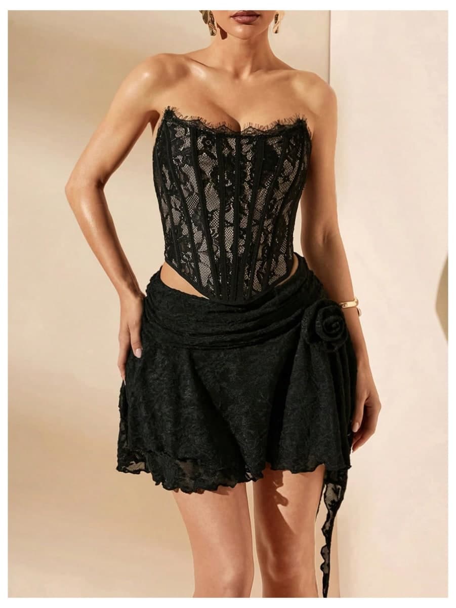BEAUDRM Women's Y2K Lace Corset Tops Bustier Tops Strapless Club Outfits, Black, Medium thumbnail 3