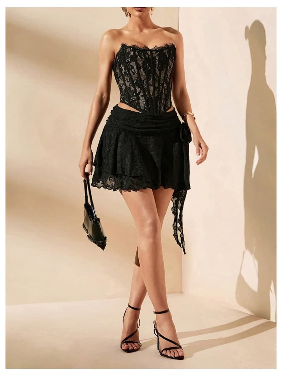 BEAUDRM Women's Y2K Lace Corset Tops Bustier Tops Strapless Club Outfits, Black, Medium thumbnail 4