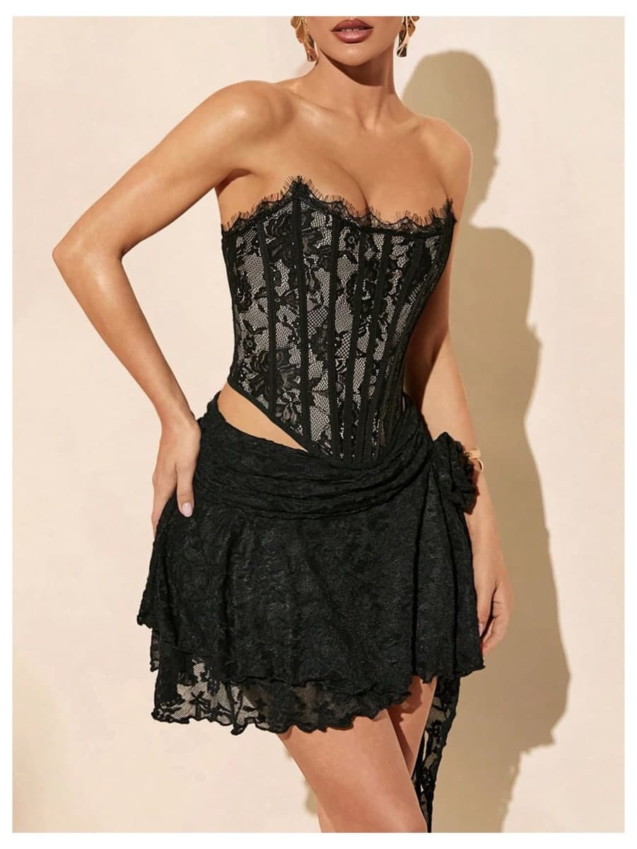 BEAUDRM Women's Y2K Lace Corset Tops Bustier Tops Strapless Club Outfits, Black, Medium thumbnail 5