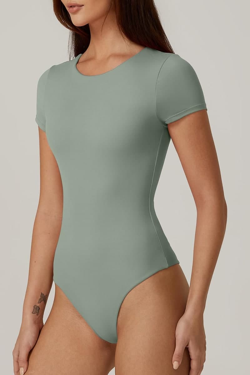 QINSEN Women's Crew Neck Short Sleeve Bodysuit Double Lined Body Suits Basic T-shirt Tops, Smoke Green, X-Large thumbnail 2