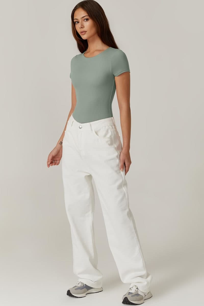 QINSEN Women's Crew Neck Short Sleeve Bodysuit Double Lined Body Suits Basic T-shirt Tops, Smoke Green, X-Large thumbnail 4