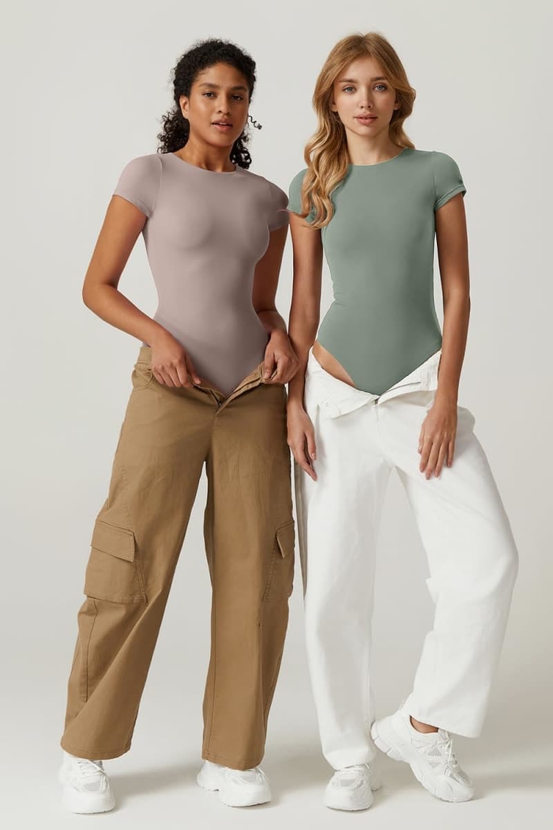 QINSEN Women's Crew Neck Short Sleeve Bodysuit Double Lined Body Suits Basic T-shirt Tops, Smoke Green, X-Large thumbnail 5
