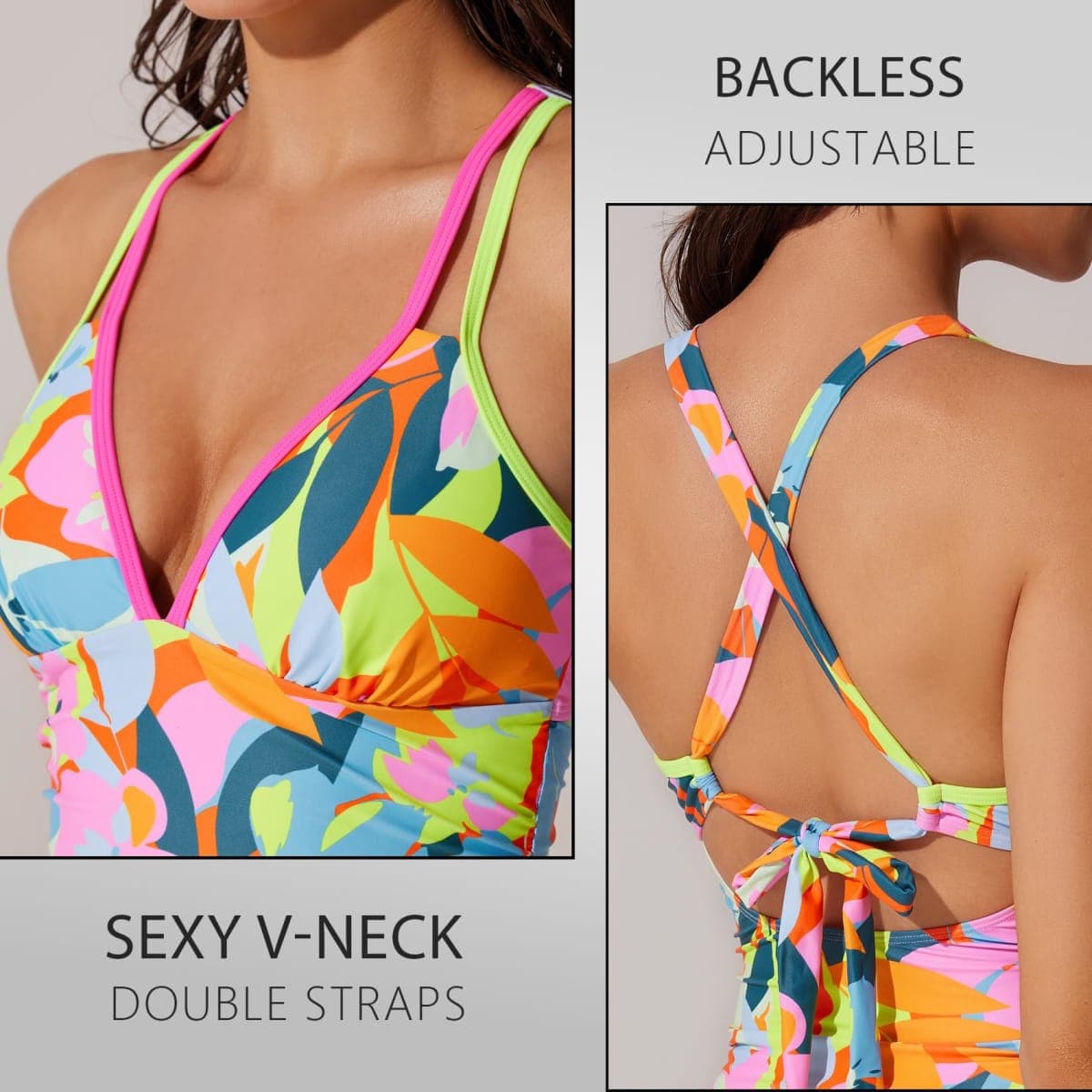 RXRXCOCO Women Tankini Swimsuits Bathing Suits Tummy Control Colorblock V Neck Ruched High Waisted Swimwear thumbnail 2