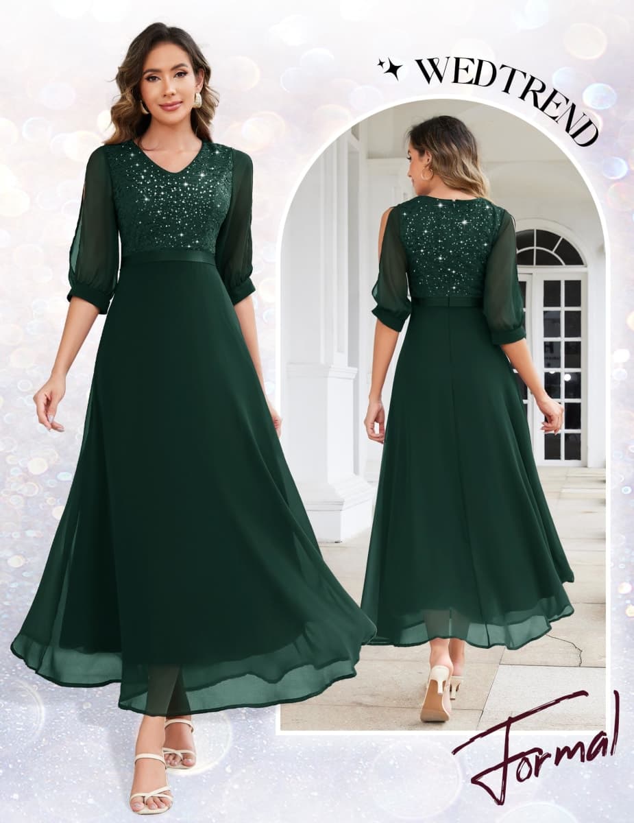 Wedtrend Women's Bridesmaid Dresses, 3/4 Sleeve Floral Lace Chiffon Wedding Dress WT0317DarkGreen2XL thumbnail 4