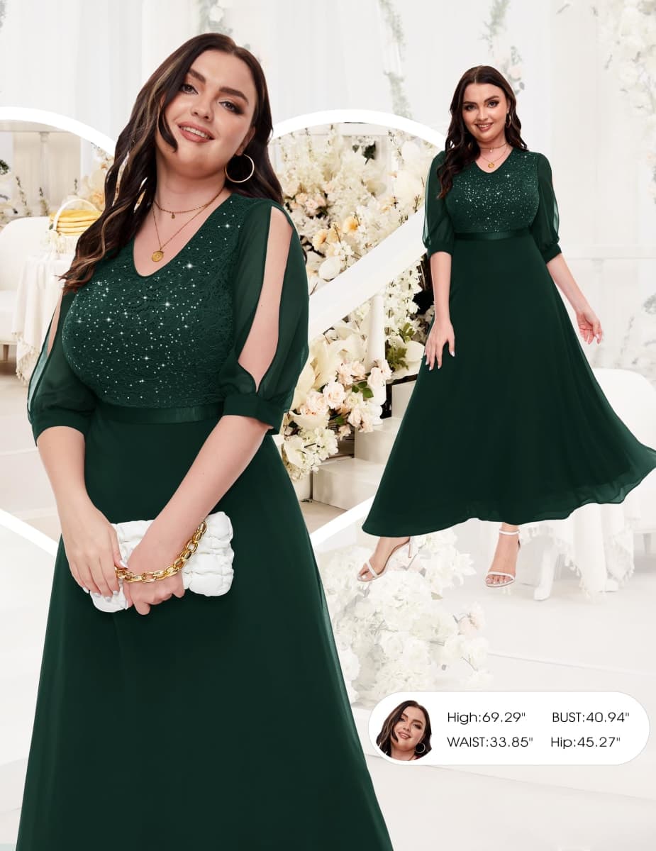 Wedtrend Women's Bridesmaid Dresses, 3/4 Sleeve Floral Lace Chiffon Wedding Dress WT0317DarkGreen2XL thumbnail 5