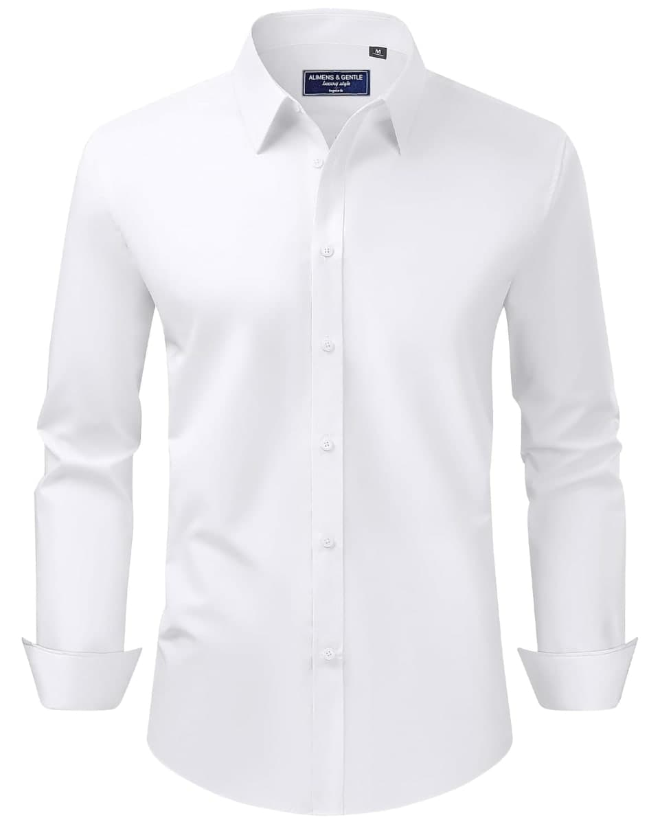 Alimens & Gentle Men's Dress Shirt Regular Fit Stretch Stain Shield Long Sleeve Solid Business Wedding Button Down Shirts, White, X-Large — image 1