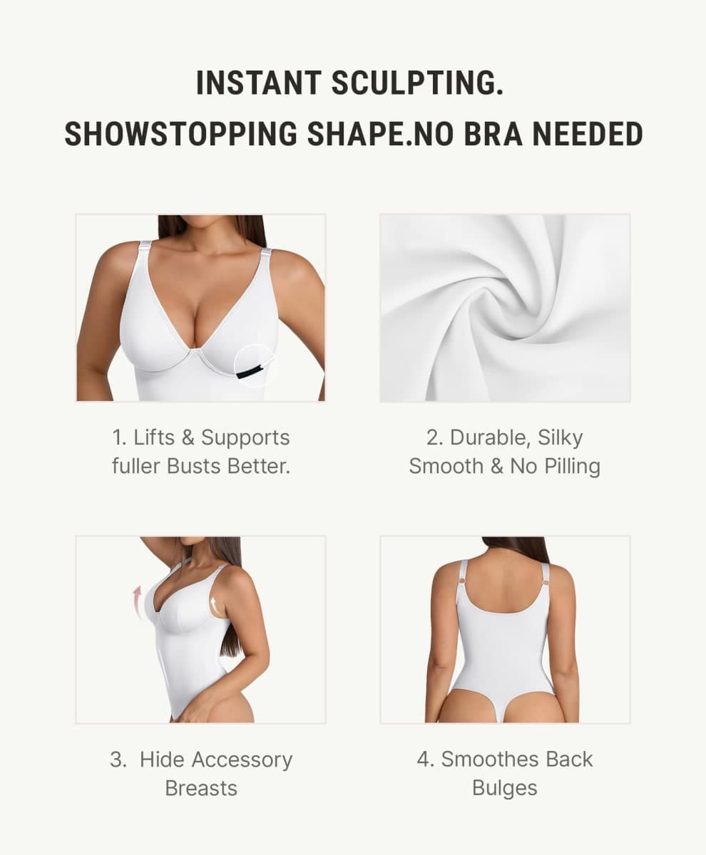 FeelinGirl Shapewear Bodysuit Tummy Control Slim Body Shaper Deep V Neck Thong Body Suits for Women(White,XS) thumbnail 2