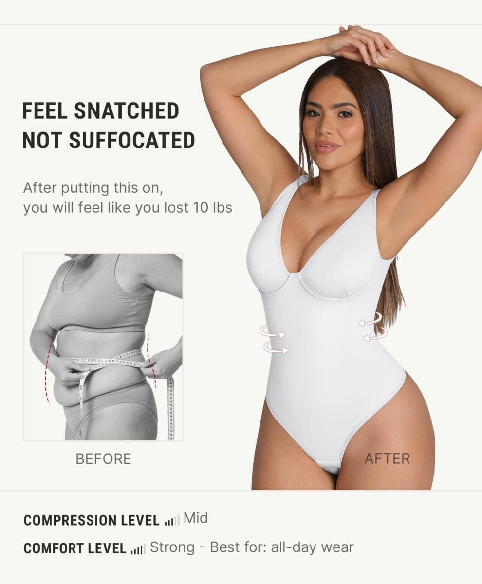 FeelinGirl Shapewear Bodysuit Tummy Control Slim Body Shaper Deep V Neck Thong Body Suits for Women(White,XS) thumbnail 3