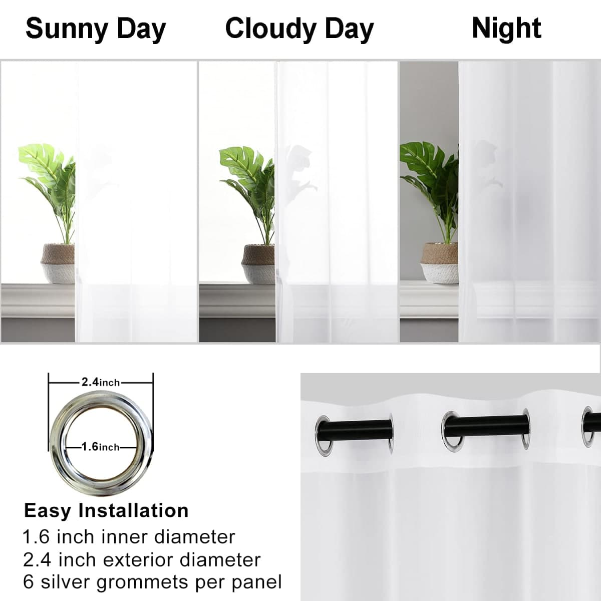 Hiasan White Sheer Curtains with Tiebacks, Light Filtering Voile Textured Drapes Extra Long Grommet Window Curtains for Bedroom, Living Room, Patio Door, W52 x L120, Set of 2 Panels thumbnail 3