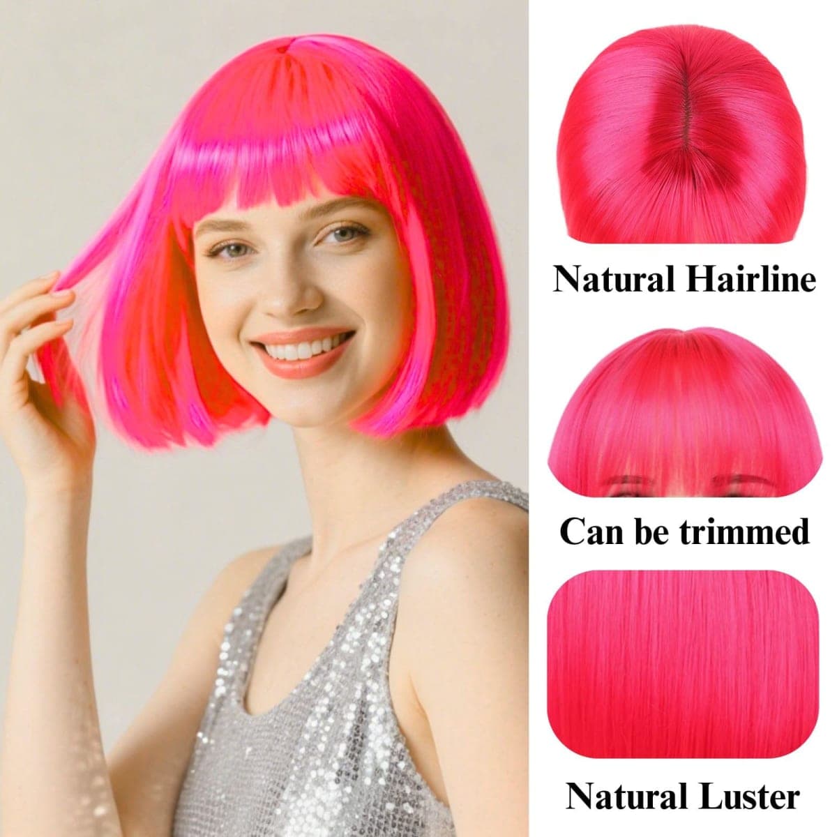 Bob Wig, Straight Short Bob Hot Pink Wig with Bangs, Synthetic Heat Resistant Fiber Pink Wigs for Women Girls with Wig Cap, Colourful Wigs with Adjustable Straps for Party Cosplay Daily Use, 12 Inch thumbnail 2