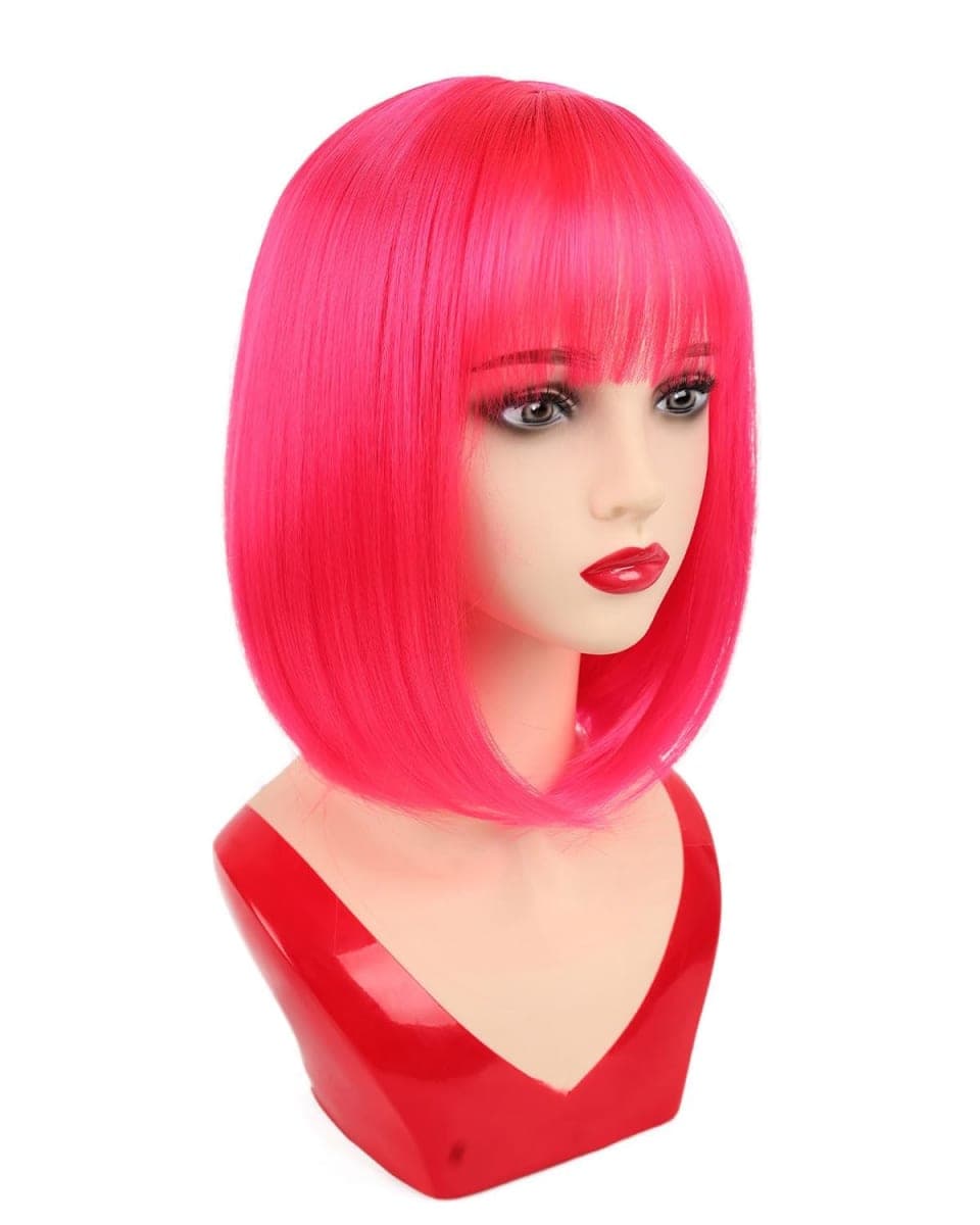 Bob Wig, Straight Short Bob Hot Pink Wig with Bangs, Synthetic Heat Resistant Fiber Pink Wigs for Women Girls with Wig Cap, Colourful Wigs with Adjustable Straps for Party Cosplay Daily Use, 12 Inch thumbnail 4