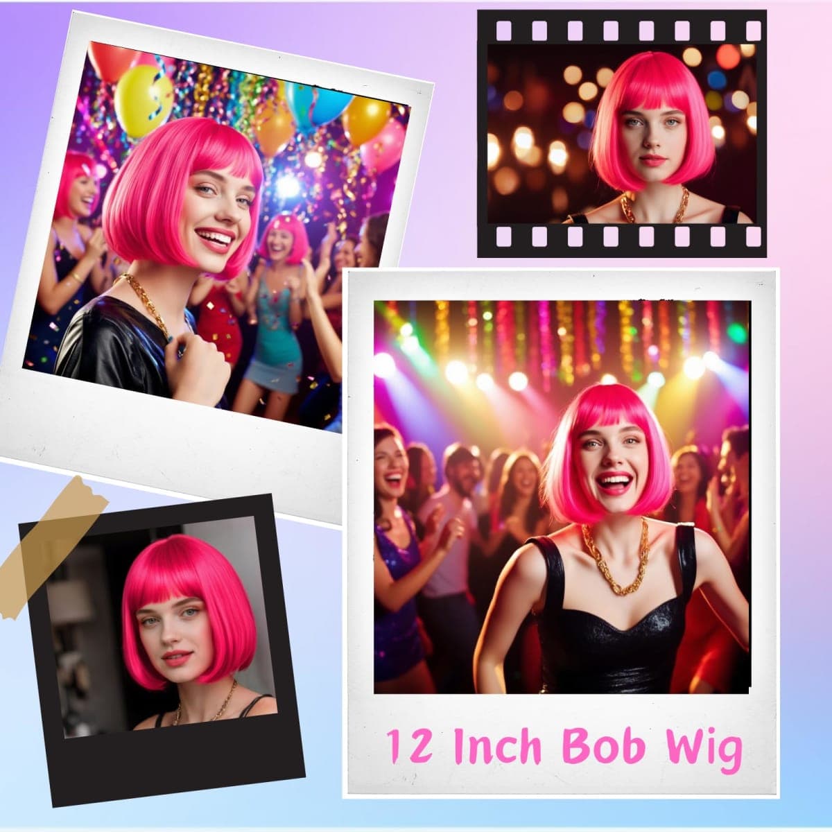 Bob Wig, Straight Short Bob Hot Pink Wig with Bangs, Synthetic Heat Resistant Fiber Pink Wigs for Women Girls with Wig Cap, Colourful Wigs with Adjustable Straps for Party Cosplay Daily Use, 12 Inch thumbnail 5