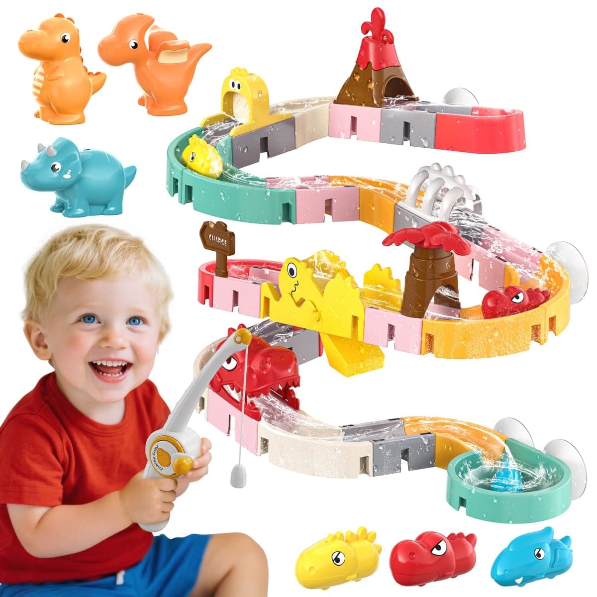 Dinosaur Bath Toys with Track & Fishing Rod – 47PCS Wall Suction Slide Playset for Toddlers, DIY Water Race Track with 6 Dino Toys, Bathtub Fun Gift for Kids Boys Girls Age 3+ — image 1