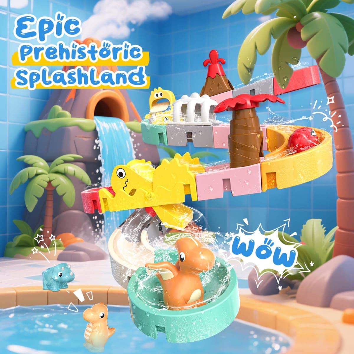 Dinosaur Bath Toys with Track & Fishing Rod – 47PCS Wall Suction Slide Playset for Toddlers, DIY Water Race Track with 6 Dino Toys, Bathtub Fun Gift for Kids Boys Girls Age 3+ thumbnail 2