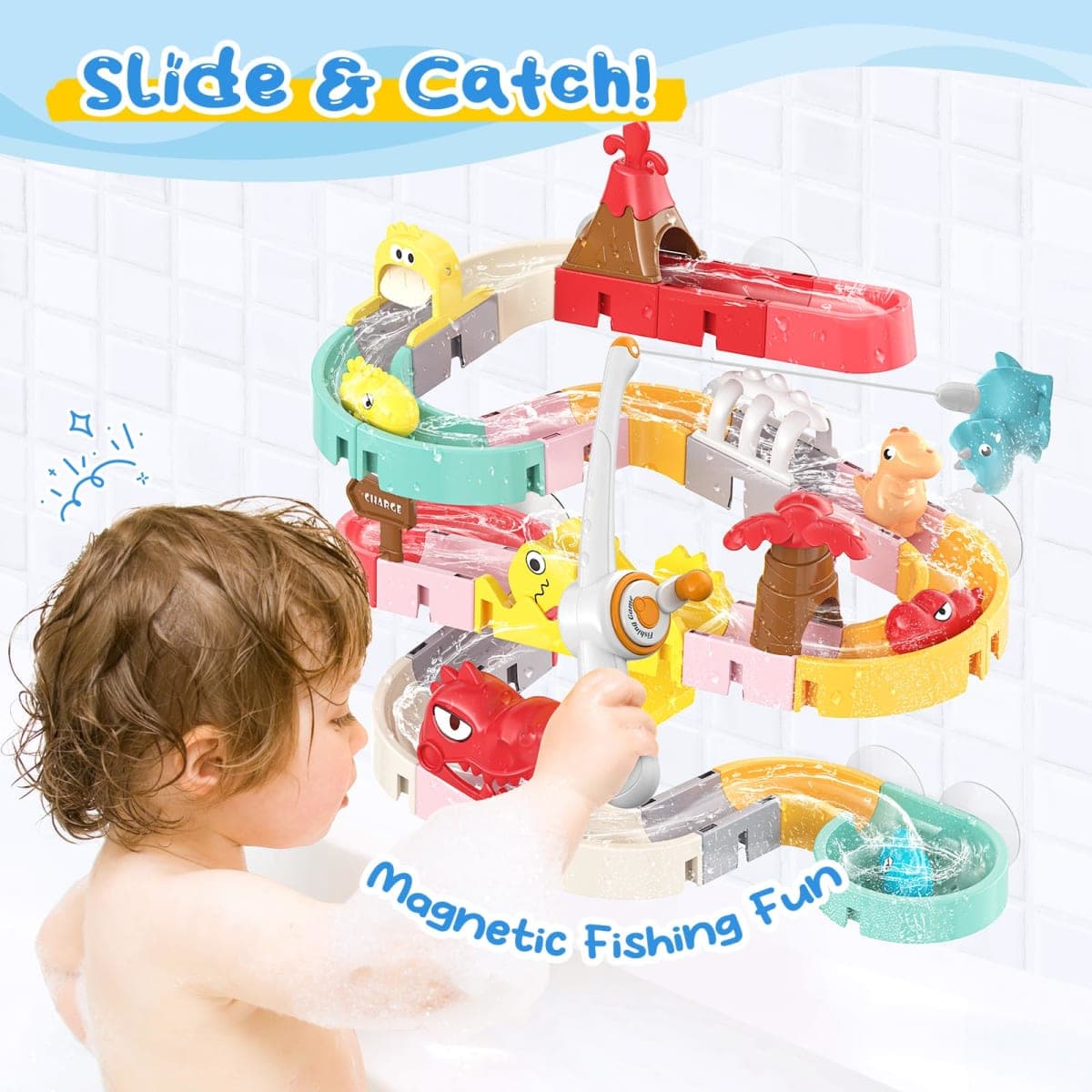 Dinosaur Bath Toys with Track & Fishing Rod – 47PCS Wall Suction Slide Playset for Toddlers, DIY Water Race Track with 6 Dino Toys, Bathtub Fun Gift for Kids Boys Girls Age 3+ thumbnail 3