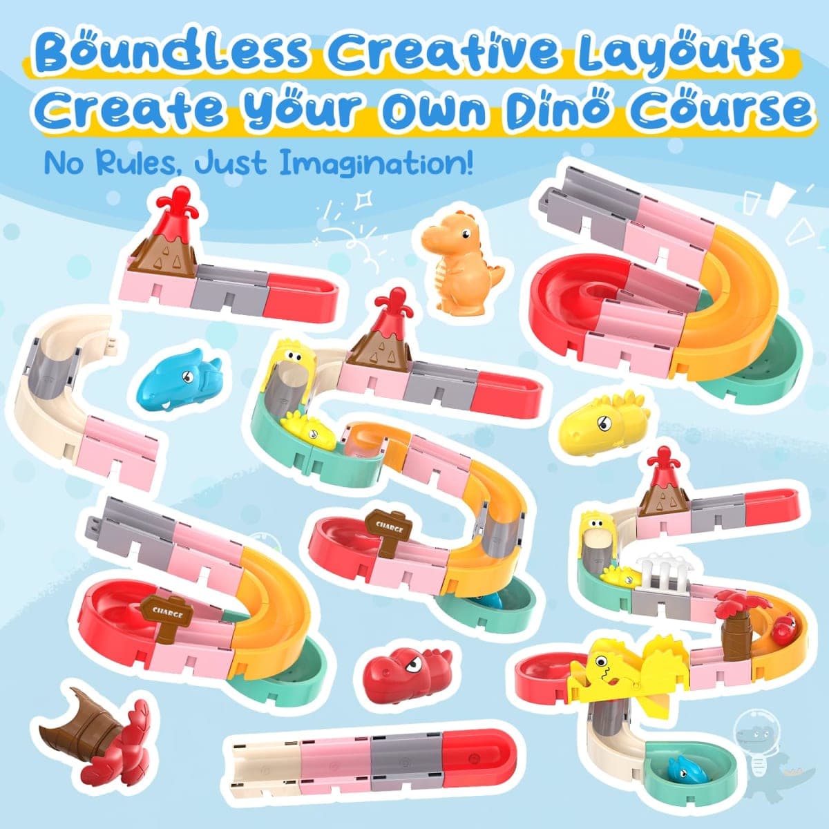 Dinosaur Bath Toys with Track & Fishing Rod – 47PCS Wall Suction Slide Playset for Toddlers, DIY Water Race Track with 6 Dino Toys, Bathtub Fun Gift for Kids Boys Girls Age 3+ thumbnail 5