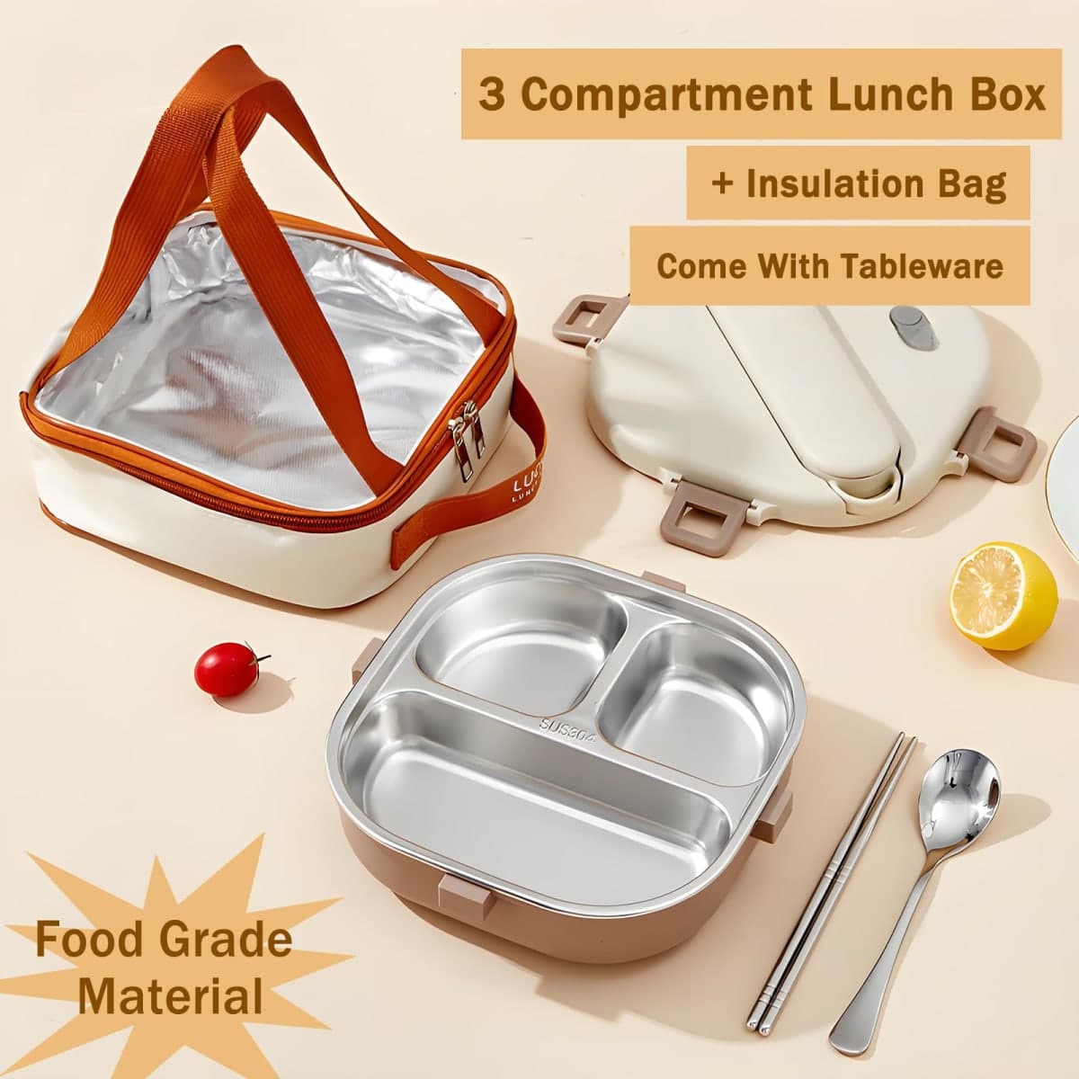 Ausenzup Stainless Steel Bento Box, 800ml Leakproof Lunch Box, Easy To Open And Close, Food Storage Container For Outings, Picnics, And Travels (3 Compartments, + Insulation Bag) thumbnail 2