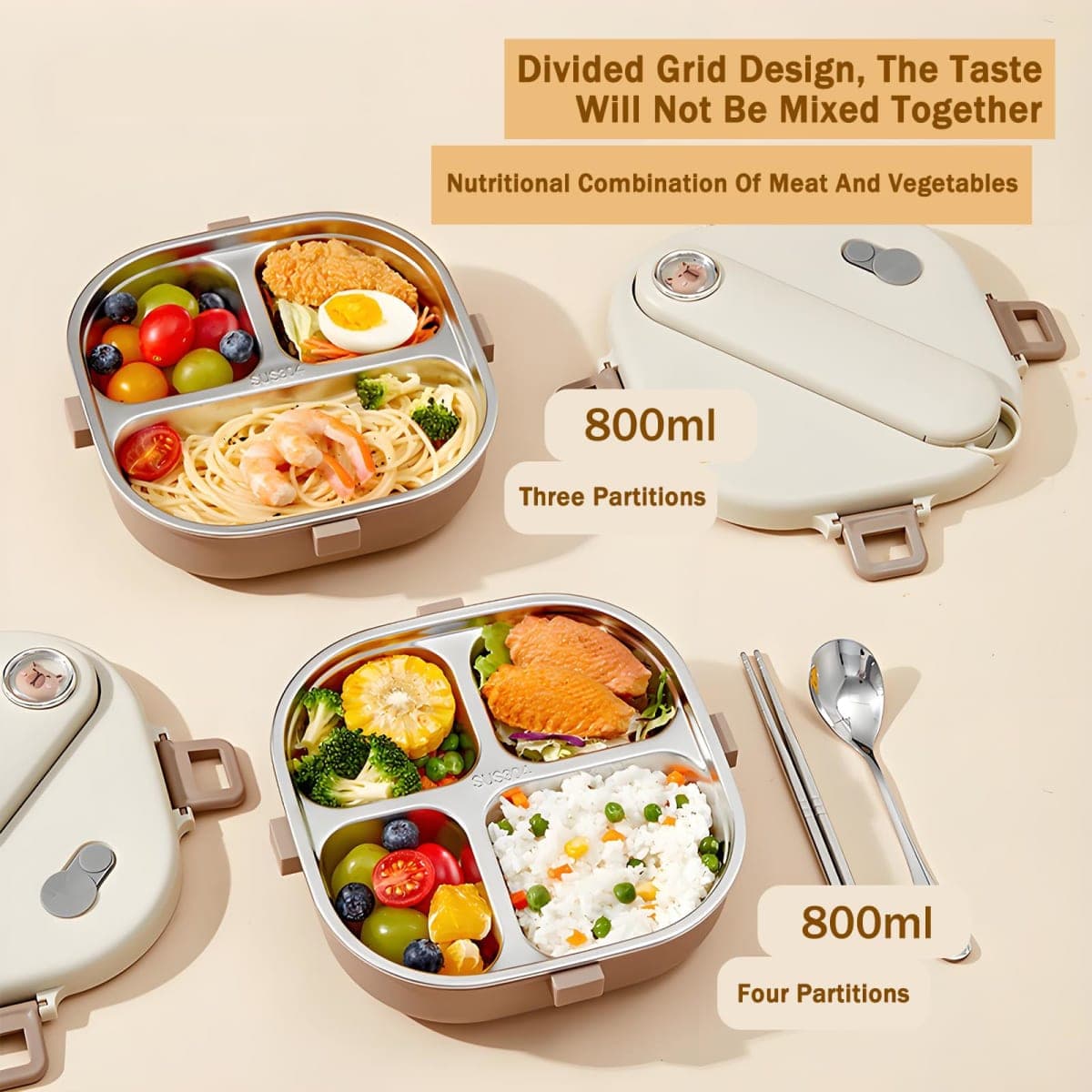 Ausenzup Stainless Steel Bento Box, 800ml Leakproof Lunch Box, Easy To Open And Close, Food Storage Container For Outings, Picnics, And Travels (3 Compartments, + Insulation Bag) thumbnail 3