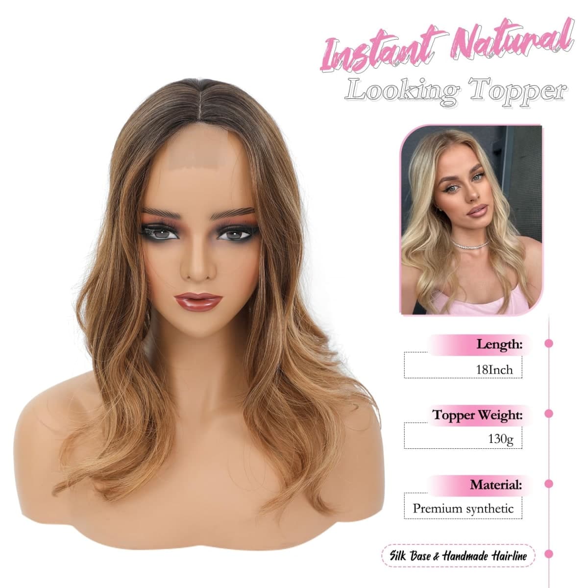 PANEWAY 18 Inch Body Wavy Hair Toppers for Women Clip In Hair Topper for Thinning Hair Natural Scalp Look, Lightweight & Comfortable for All-Day Wear - Dark Brown Root to Caramel Blonde, 18inch thumbnail 2