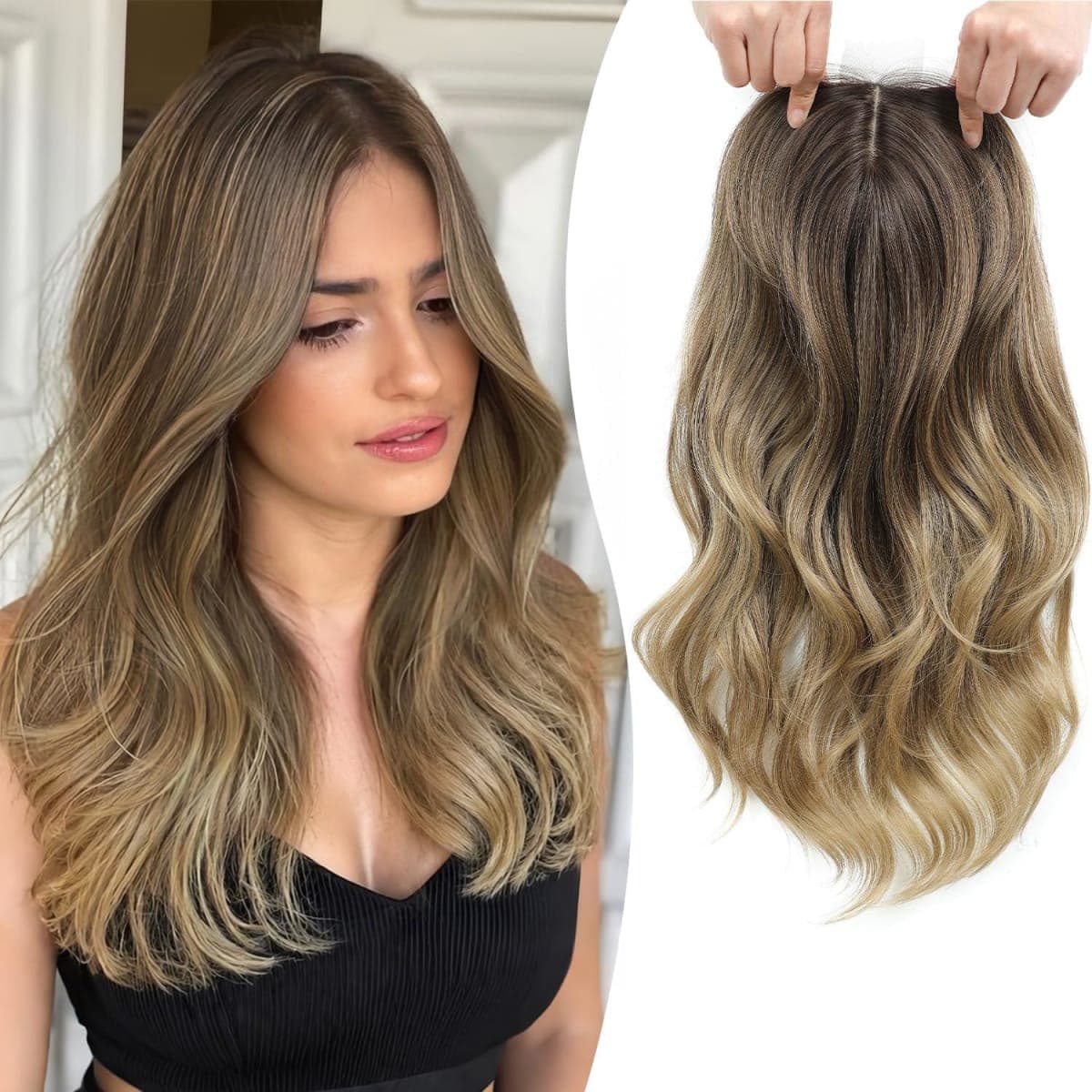 Fine Plus 18 Inch Hair Toppers for Women with Thinning Hair, 6.5” x 6.5” Large Base Coverage Synthetic Hairpiece with Natural Body Wavy Texture in Ash Brown to Blonde Ombre for Daily Wear — image 1