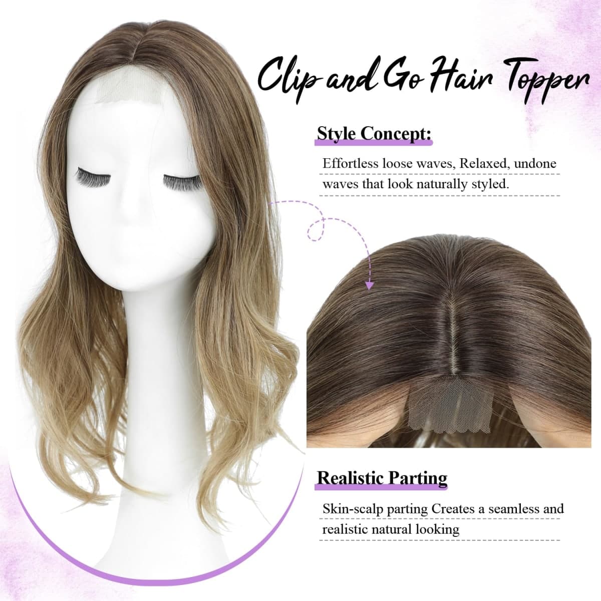 Fine Plus 18 Inch Hair Toppers for Women with Thinning Hair, 6.5” x 6.5” Large Base Coverage Synthetic Hairpiece with Natural Body Wavy Texture in Ash Brown to Blonde Ombre for Daily Wear thumbnail 2