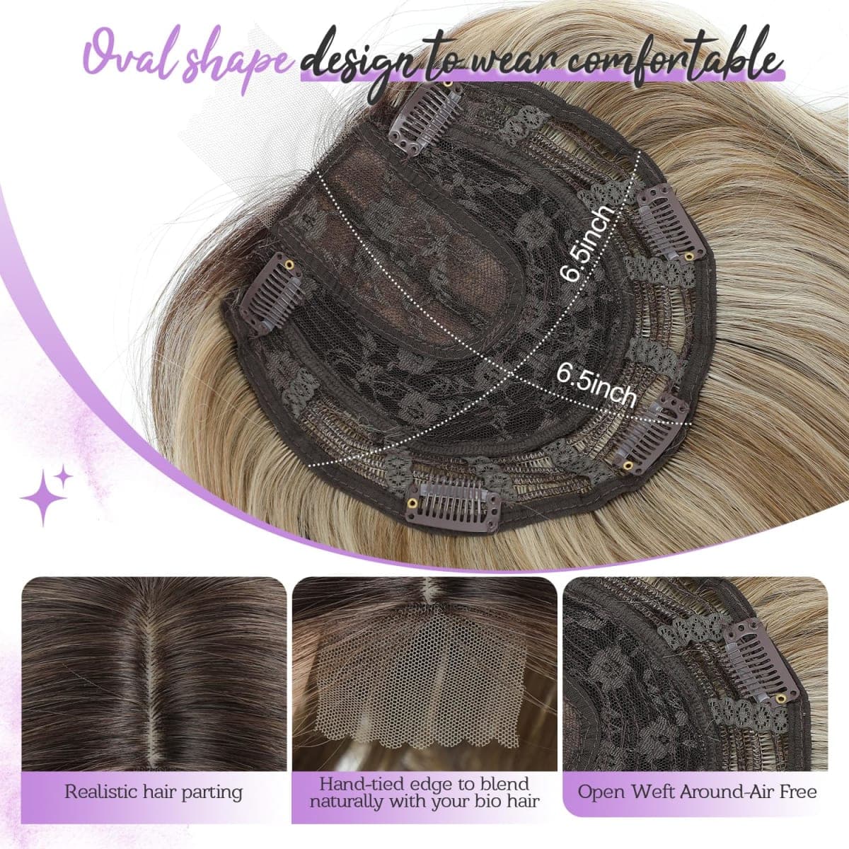 Fine Plus 18 Inch Hair Toppers for Women with Thinning Hair, 6.5” x 6.5” Large Base Coverage Synthetic Hairpiece with Natural Body Wavy Texture in Ash Brown to Blonde Ombre for Daily Wear thumbnail 5