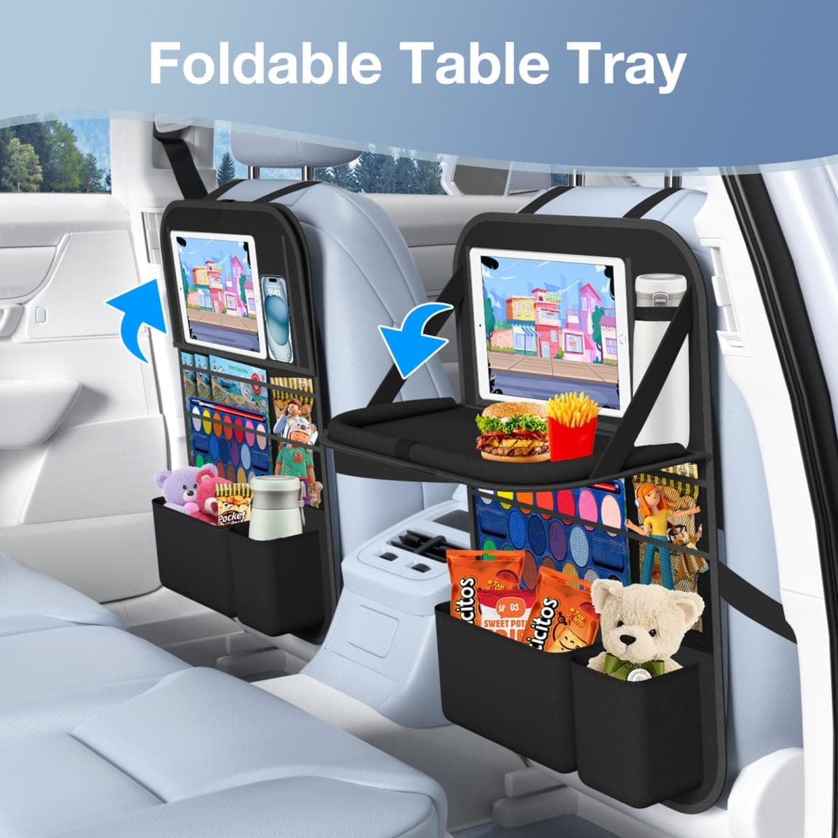Oneyus Back Seat Organizer with table tray, 2Pack Backseat Car Organizer with 9 Storage Pockets for Bottle Snack Books on Travel Roda Trip for Kid Adult thumbnail 2