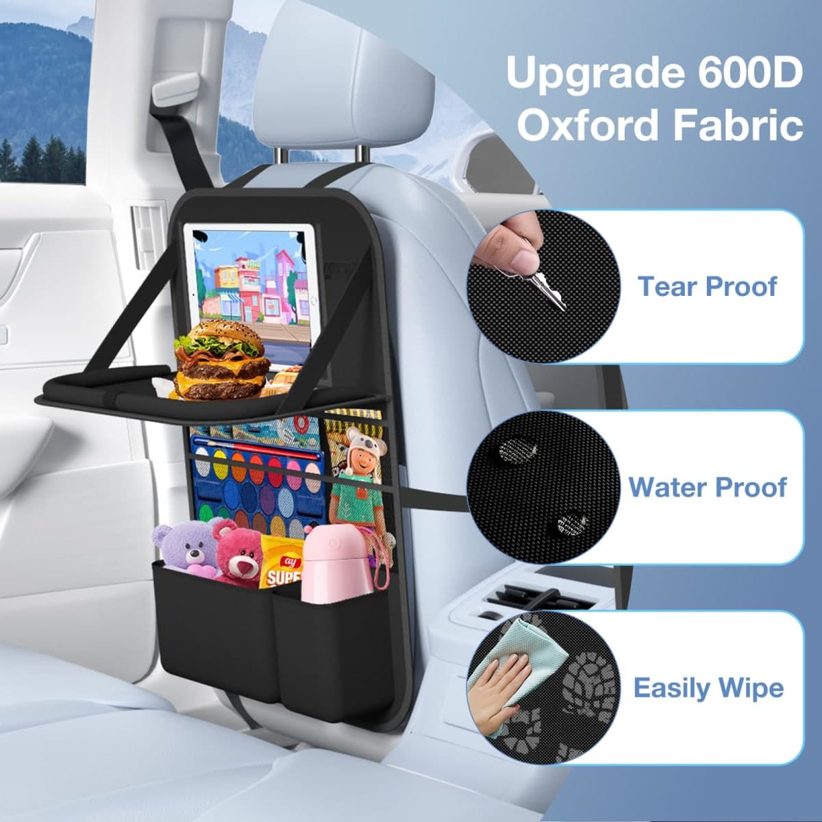 Oneyus Back Seat Organizer with table tray, 2Pack Backseat Car Organizer with 9 Storage Pockets for Bottle Snack Books on Travel Roda Trip for Kid Adult thumbnail 3