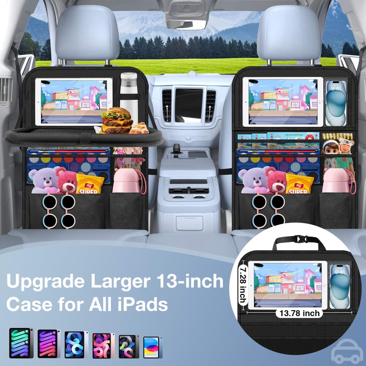 Oneyus Back Seat Organizer with table tray, 2Pack Backseat Car Organizer with 9 Storage Pockets for Bottle Snack Books on Travel Roda Trip for Kid Adult thumbnail 4
