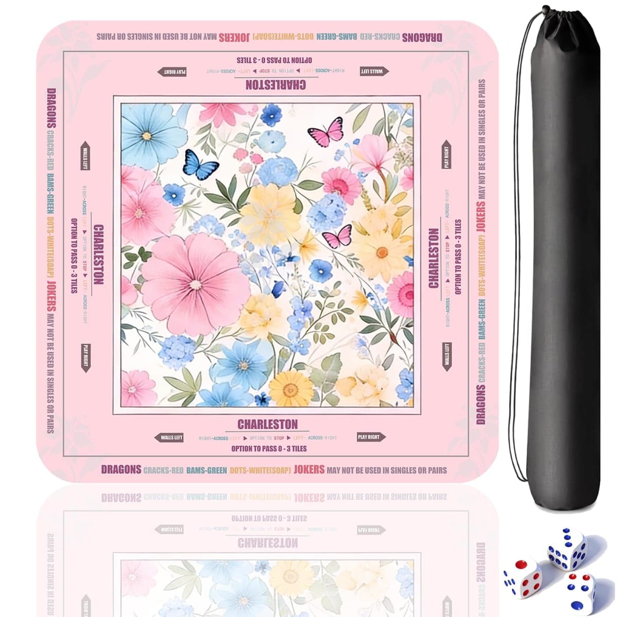 Large Mahjong Mat 33"x33", Quiet Non-Slip Water-Resistant Gaming Table Cover with Rules for American Mahjong, Poker, Board Games & Dominoes, Classic Pink — image 1