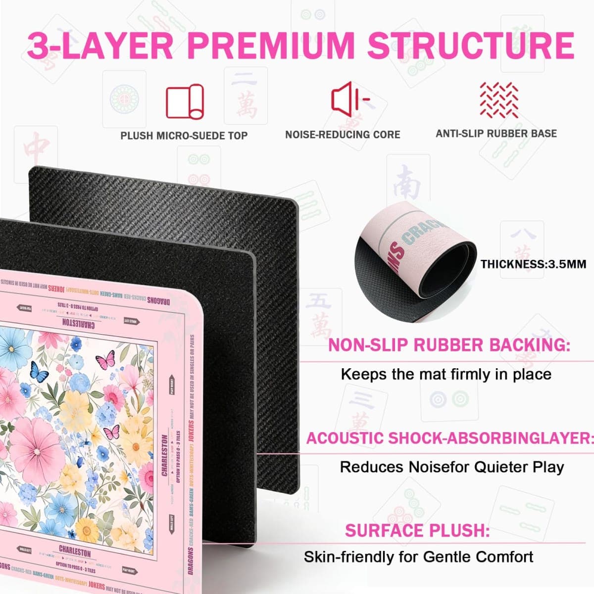 Large Mahjong Mat 33"x33", Quiet Non-Slip Water-Resistant Gaming Table Cover with Rules for American Mahjong, Poker, Board Games & Dominoes, Classic Pink thumbnail 2
