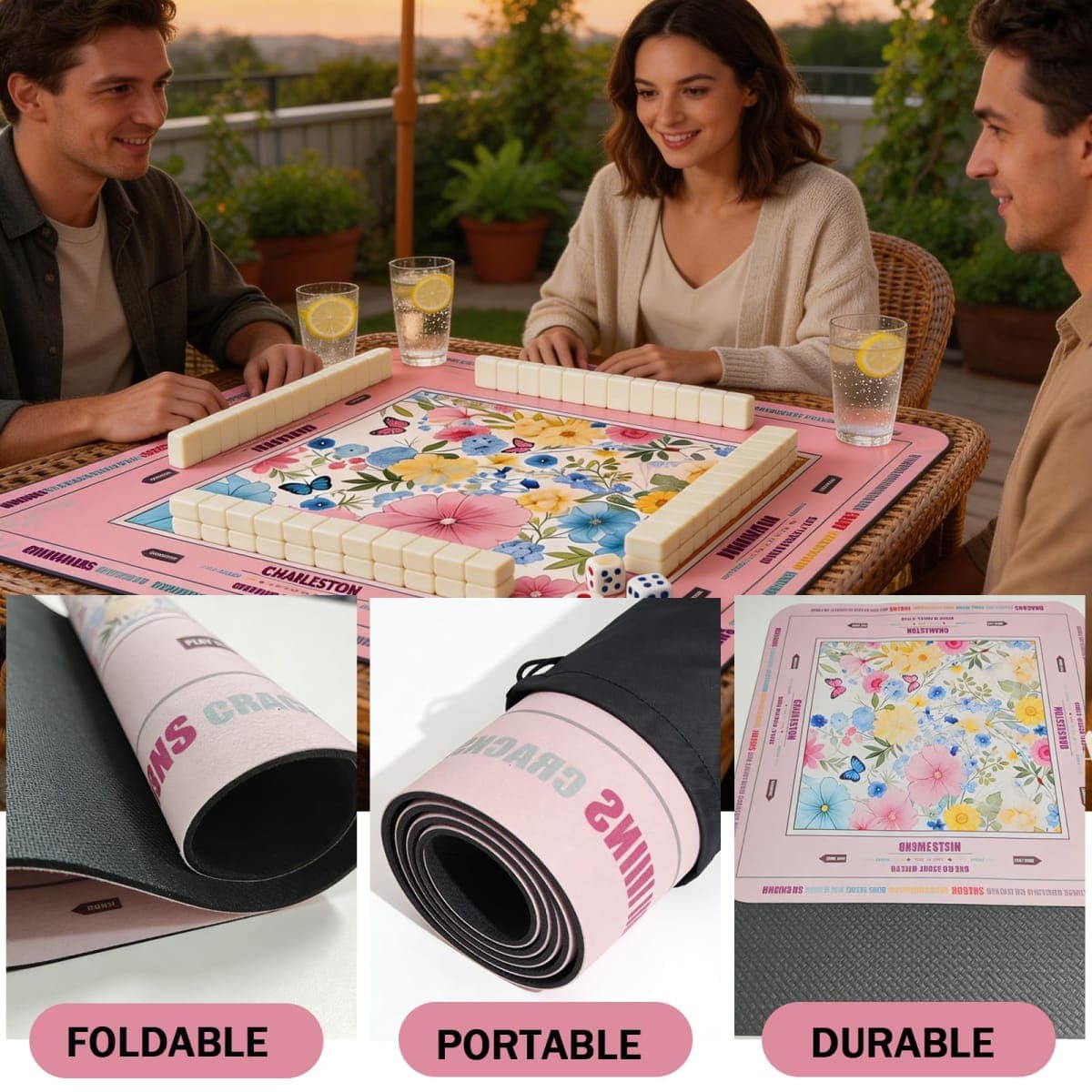 Large Mahjong Mat 33"x33", Quiet Non-Slip Water-Resistant Gaming Table Cover with Rules for American Mahjong, Poker, Board Games & Dominoes, Classic Pink thumbnail 5