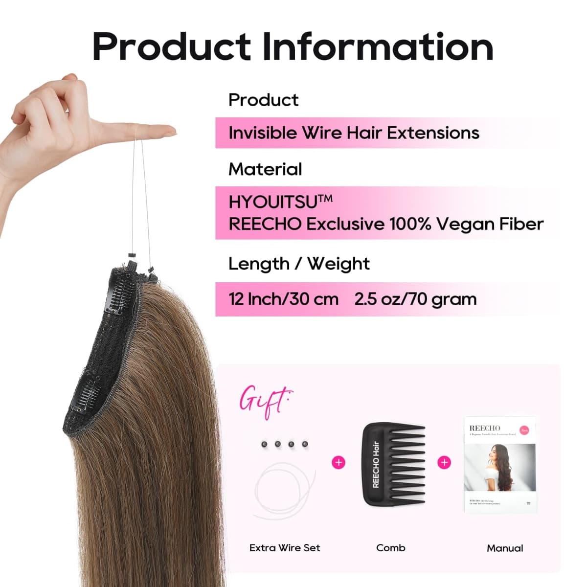 REECHO 12" Invisible Wire Hair Extensions with Thinner Softer Lace Weft Adjustable Size Removable Secure Clips in Short Straight Secret Hairpiece for Women - Ginger Brown thumbnail 2