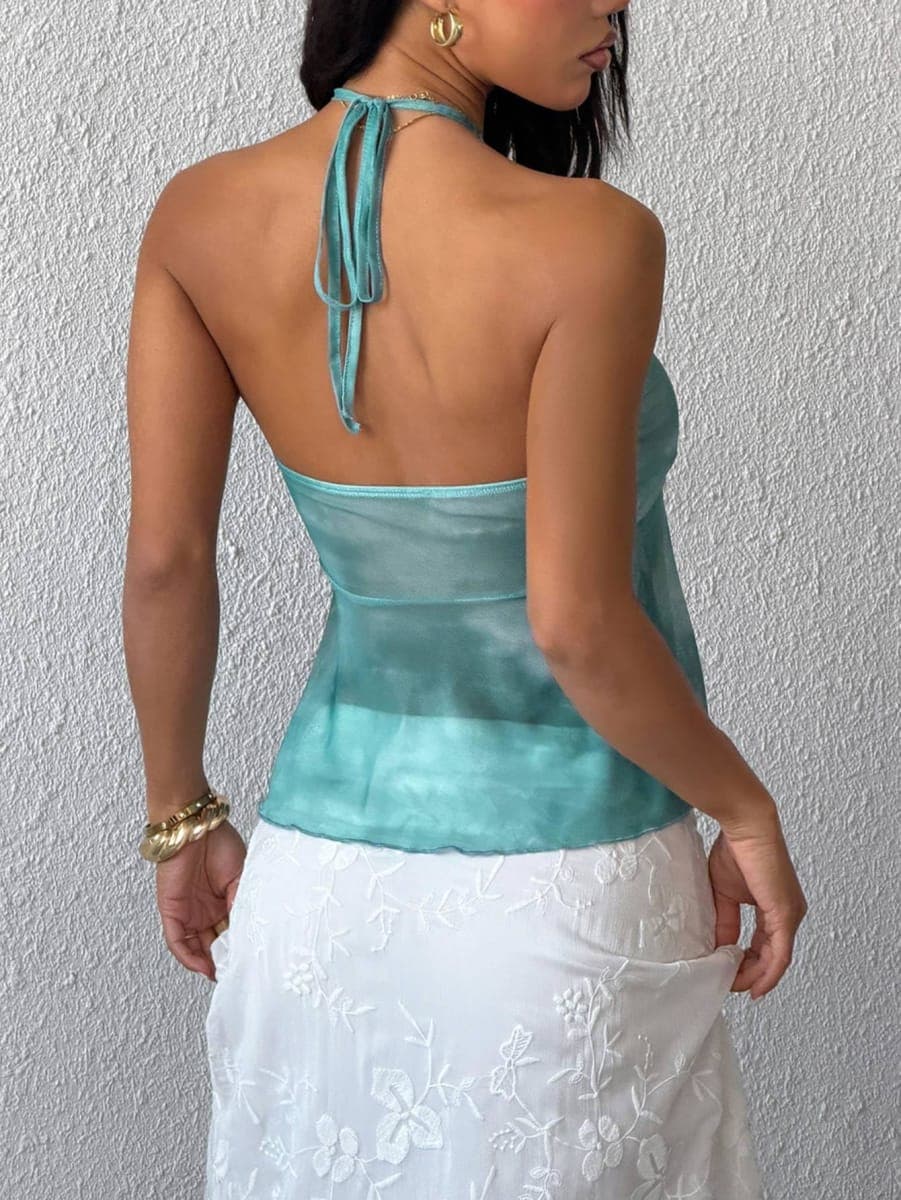 SOLY HUX Women's Halter Deep V Neck Mesh Crop Top Tie Backless Flowy Crop Tank Tops Night Out Clubwear, Green Multi, Small thumbnail 2