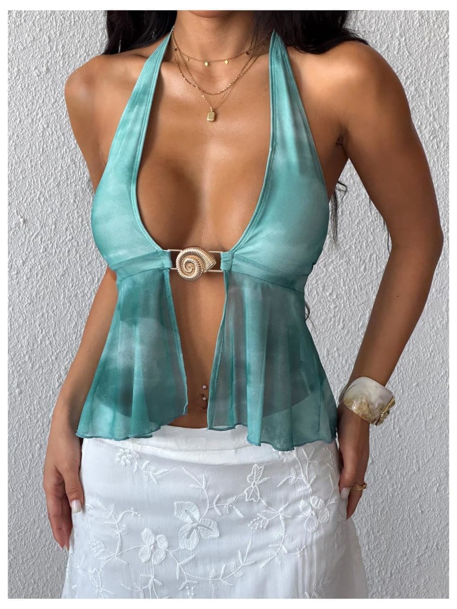SOLY HUX Women's Halter Deep V Neck Mesh Crop Top Tie Backless Flowy Crop Tank Tops Night Out Clubwear, Green Multi, Small thumbnail 4
