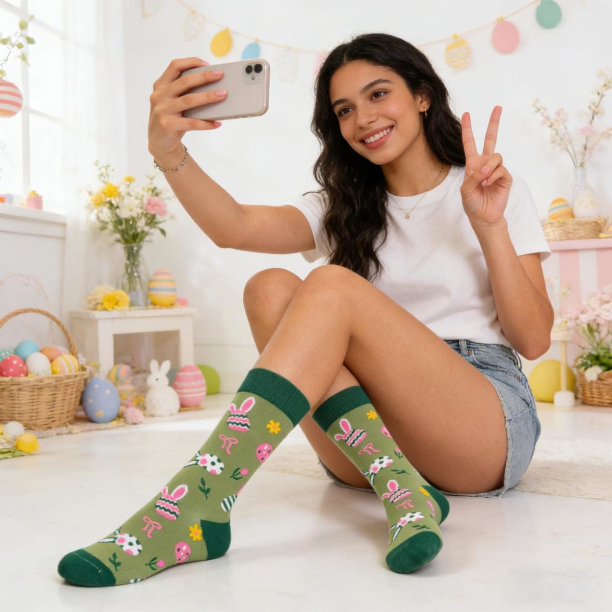 ZhiNuSi Easter Socks for Women, Funny Bunny Egg Crew Socks Teens Girls Easter Basket Stuffers Novelty Gift for Rabbit Lovers, Green Bunny Eggs, One Size thumbnail 3
