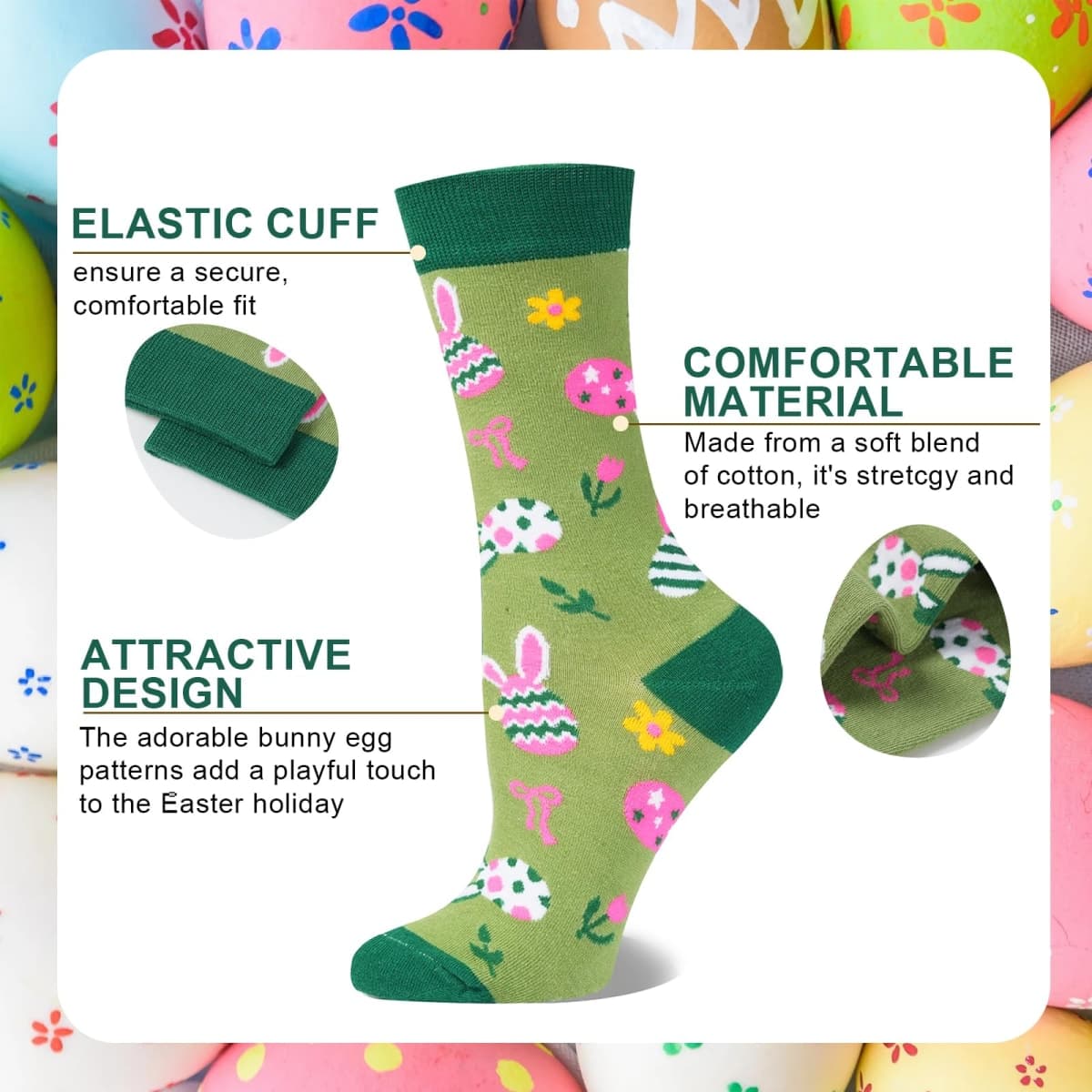 ZhiNuSi Easter Socks for Women, Funny Bunny Egg Crew Socks Teens Girls Easter Basket Stuffers Novelty Gift for Rabbit Lovers, Green Bunny Eggs, One Size thumbnail 4