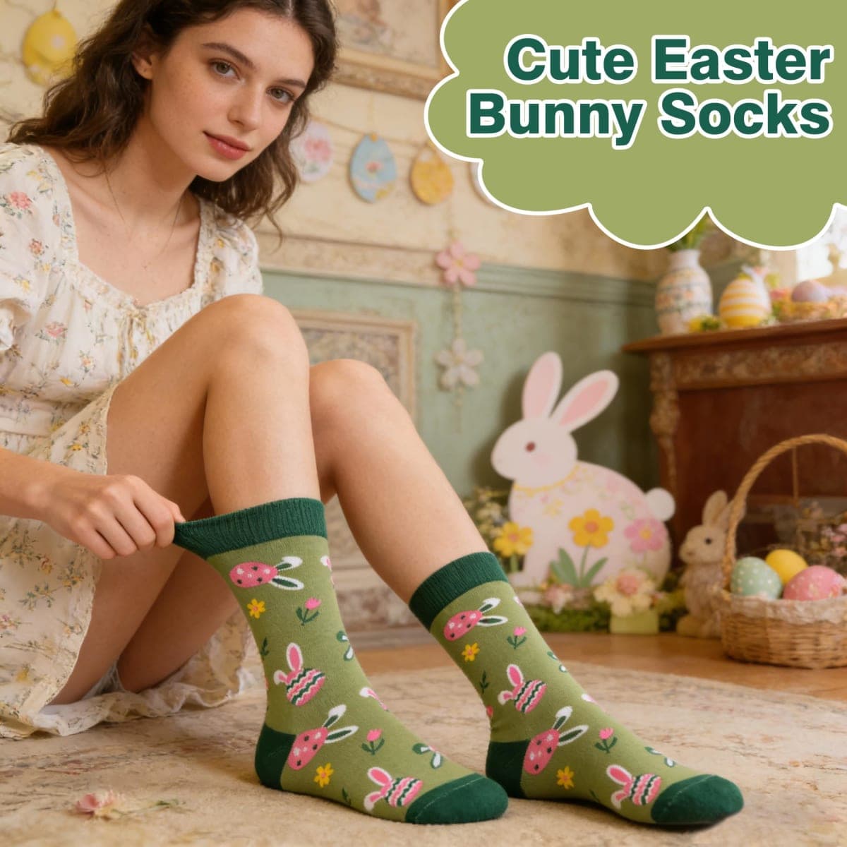 ZhiNuSi Easter Socks for Women, Funny Bunny Egg Crew Socks Teens Girls Easter Basket Stuffers Novelty Gift for Rabbit Lovers, Green Bunny Eggs, One Size thumbnail 5
