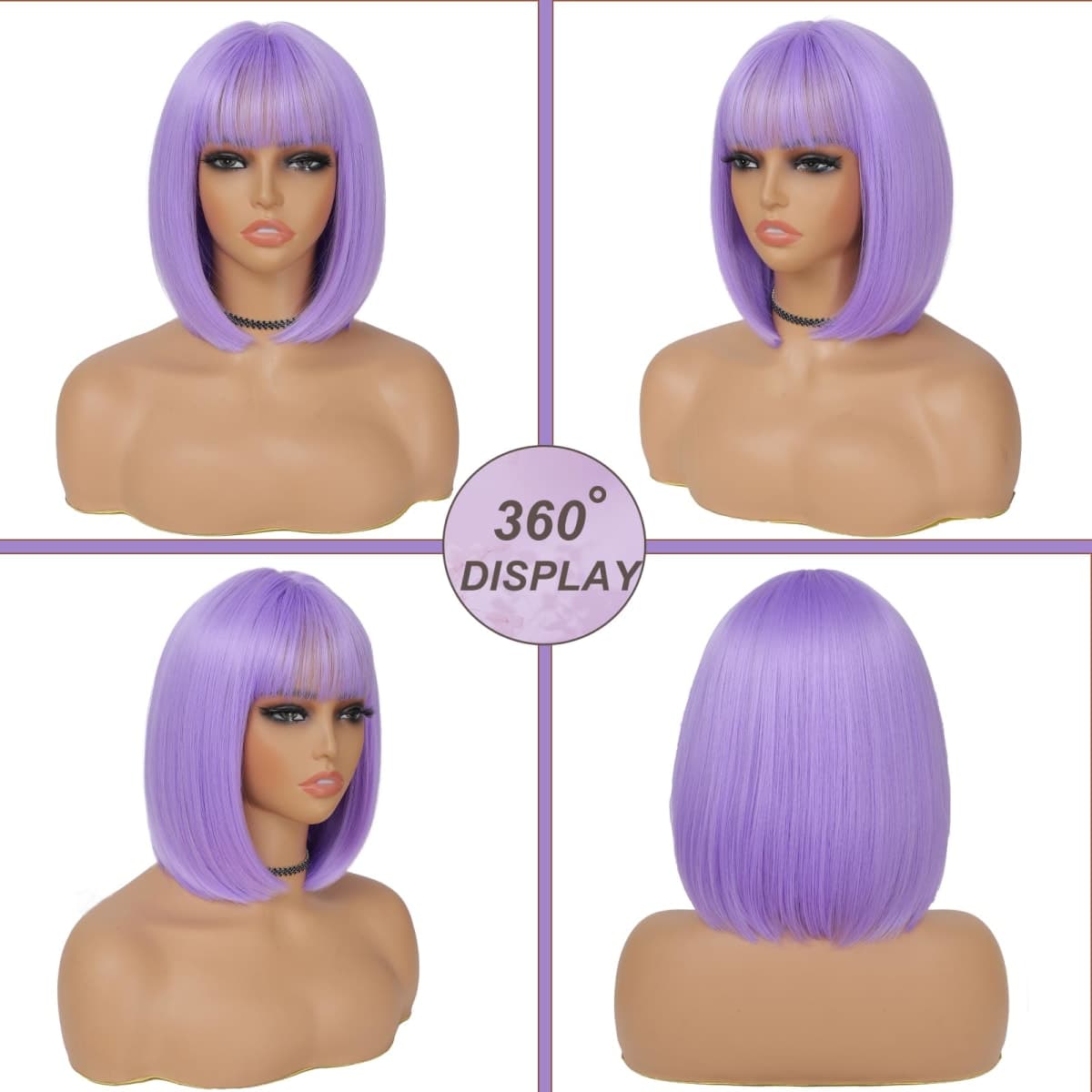 BEAUTIFA Purple Bob Wig with Bangs for Women 12 Inch Short Straight Lavender Wigs Synthetic Colored Wigs thumbnail 4