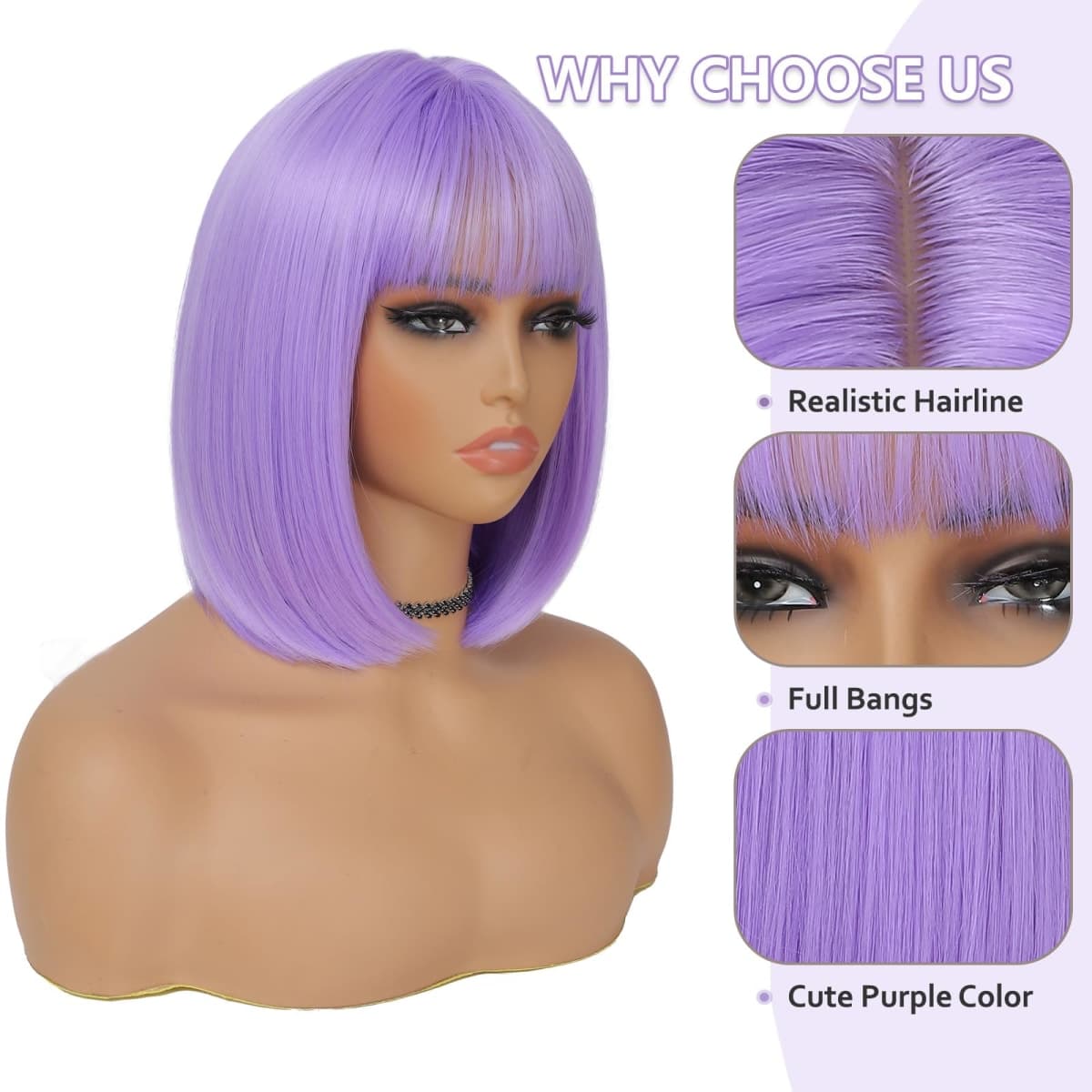 BEAUTIFA Purple Bob Wig with Bangs for Women 12 Inch Short Straight Lavender Wigs Synthetic Colored Wigs thumbnail 5