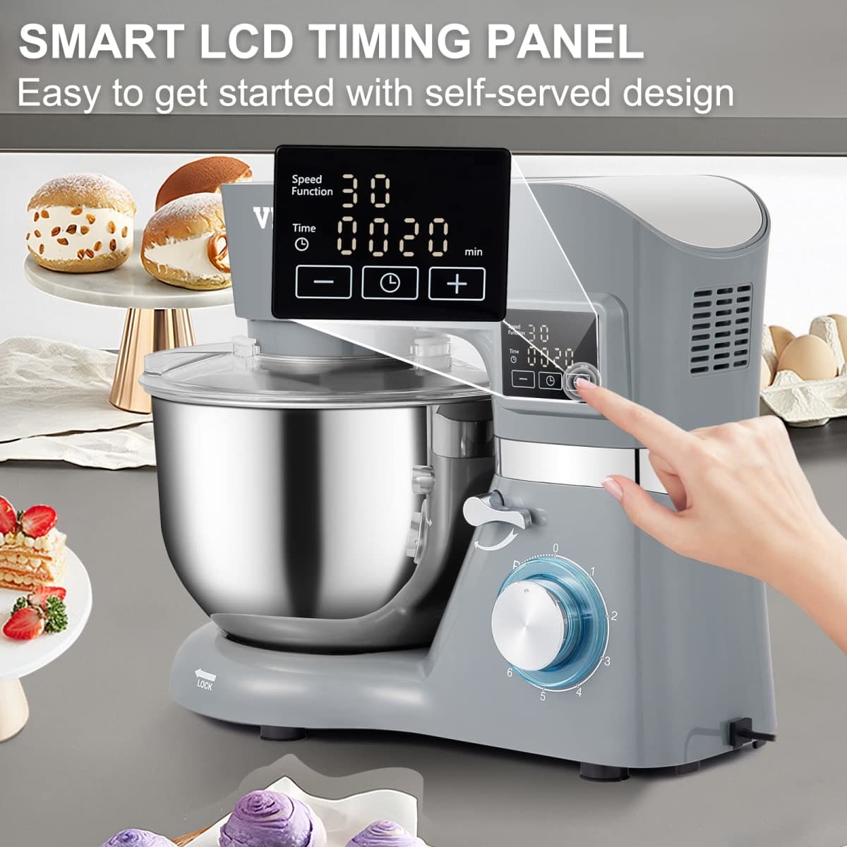 VEVOR Stand Mixer, 660W Electric Dough Mixer with 6 Speeds LCD Screen Timing, Tilt-Head Food Mixer with 5.8 Qt Stainless Steel Bowl, Dough Hook, Flat Beater, Whisk, Scraper, Splash-Proof Cover - Gray thumbnail 2