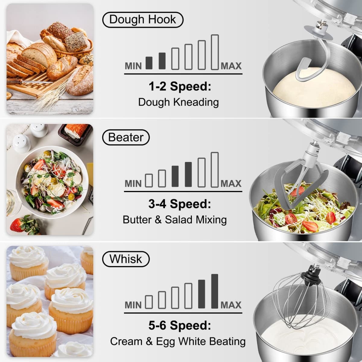 VEVOR Stand Mixer, 660W Electric Dough Mixer with 6 Speeds LCD Screen Timing, Tilt-Head Food Mixer with 5.8 Qt Stainless Steel Bowl, Dough Hook, Flat Beater, Whisk, Scraper, Splash-Proof Cover - Gray thumbnail 3